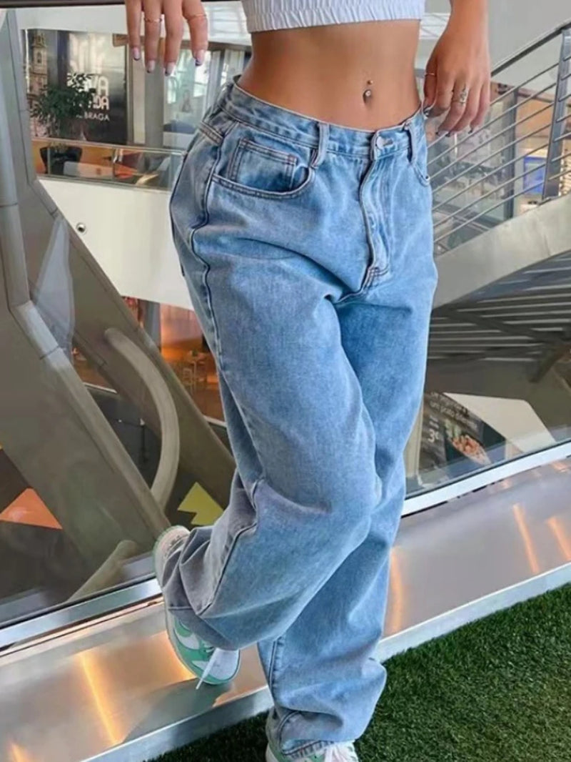 Demin Pants for Women Loose Casual Denim Wide Leg Pants Womens Straight Leg Pant Y2K Street Retro Wash Solid Color 2021 Womens