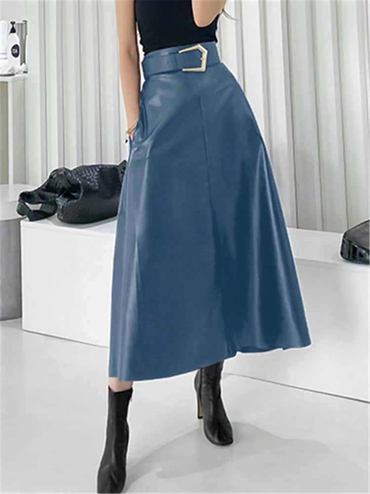Leather Long Skirts with Belted New High Waist