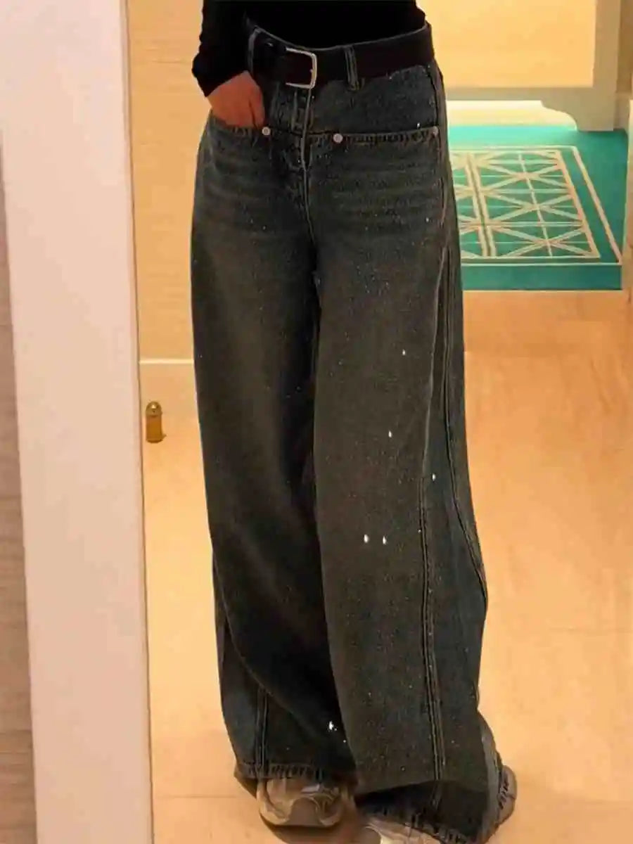 Hot Diamond Shiny women Wide-leg Jeans