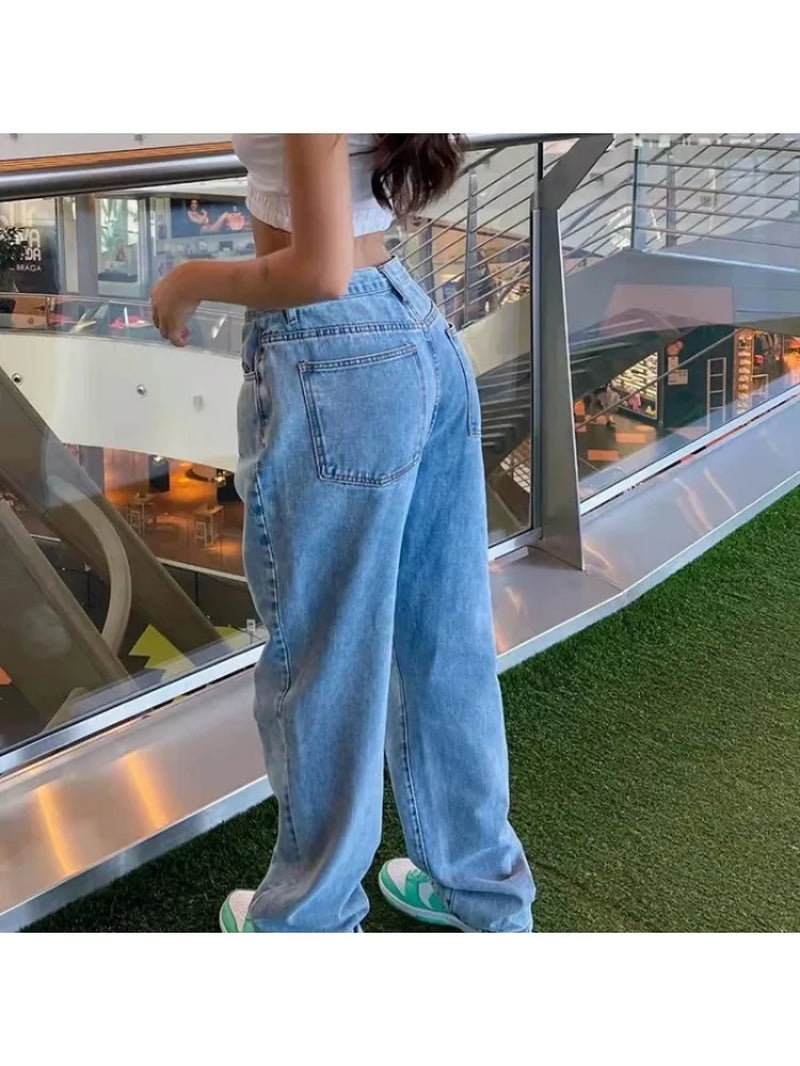 Demin Pants for Women Loose Casual Denim Wide Leg Pants Womens Straight Leg Pant Y2K Street Retro Wash Solid Color 2021 Womens
