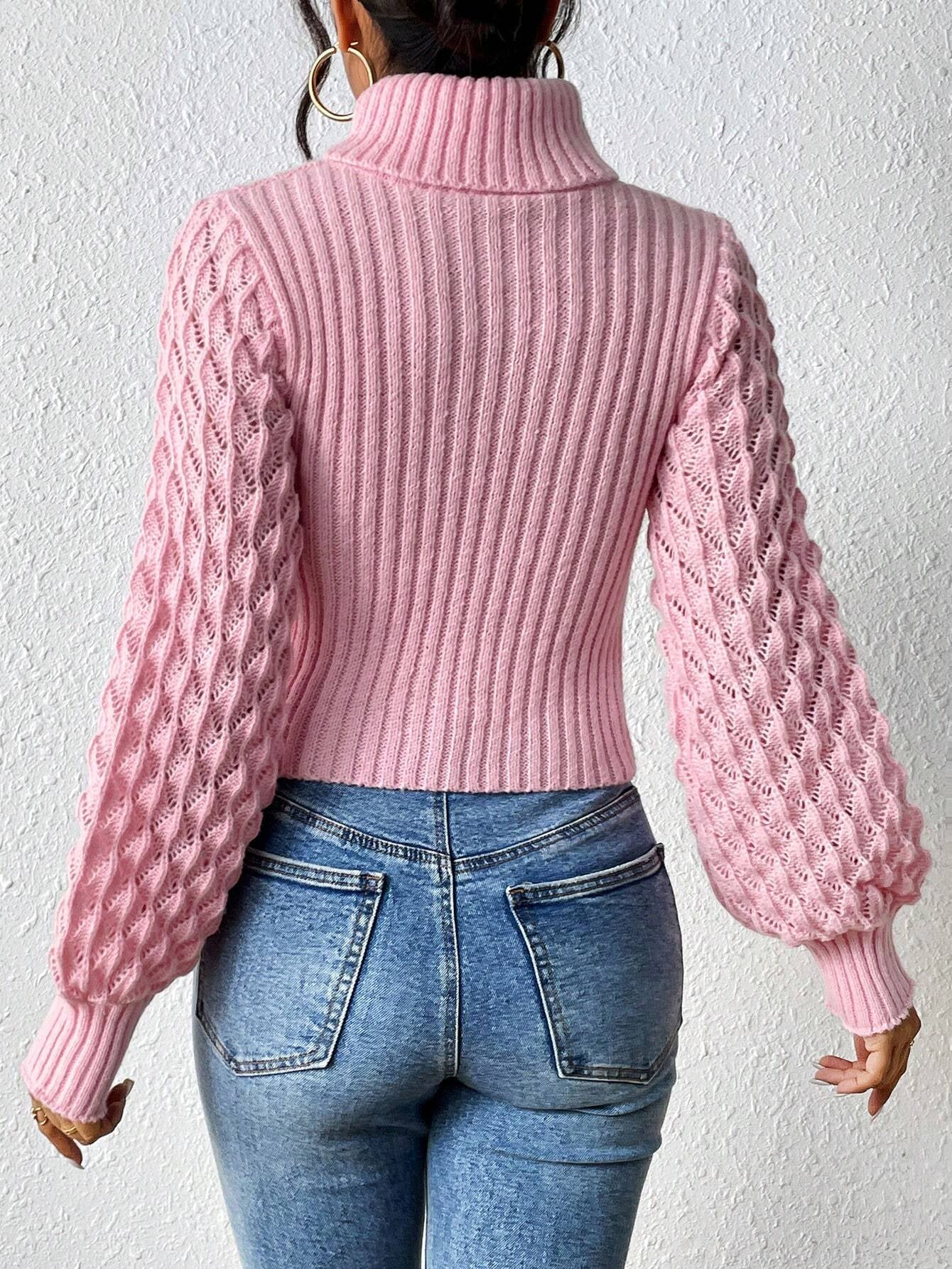 Chiquease Solid Turtleneck Cut Out Front Cable Knit Sweater,Long Sleeve Tops
