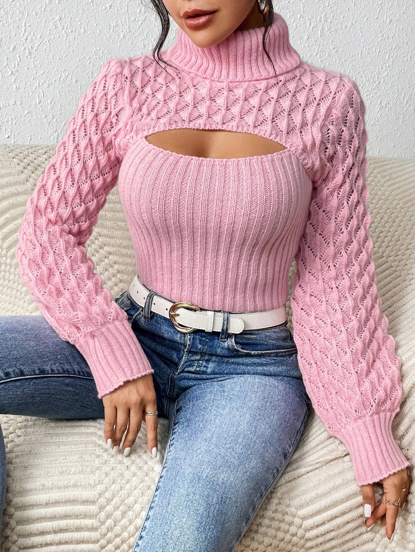 Chiquease Solid Turtleneck Cut Out Front Cable Knit Sweater,Long Sleeve Tops