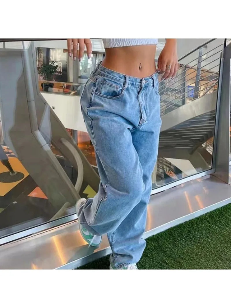 Demin Pants for Women Loose Casual Denim Wide Leg Pants Womens Straight Leg Pant Y2K Street Retro Wash Solid Color 2021 Womens