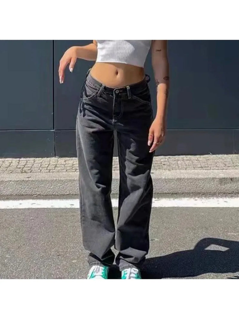 Demin Pants for Women Loose Casual Denim Wide Leg Pants Womens Straight Leg Pant Y2K Street Retro Wash Solid Color 2021 Womens