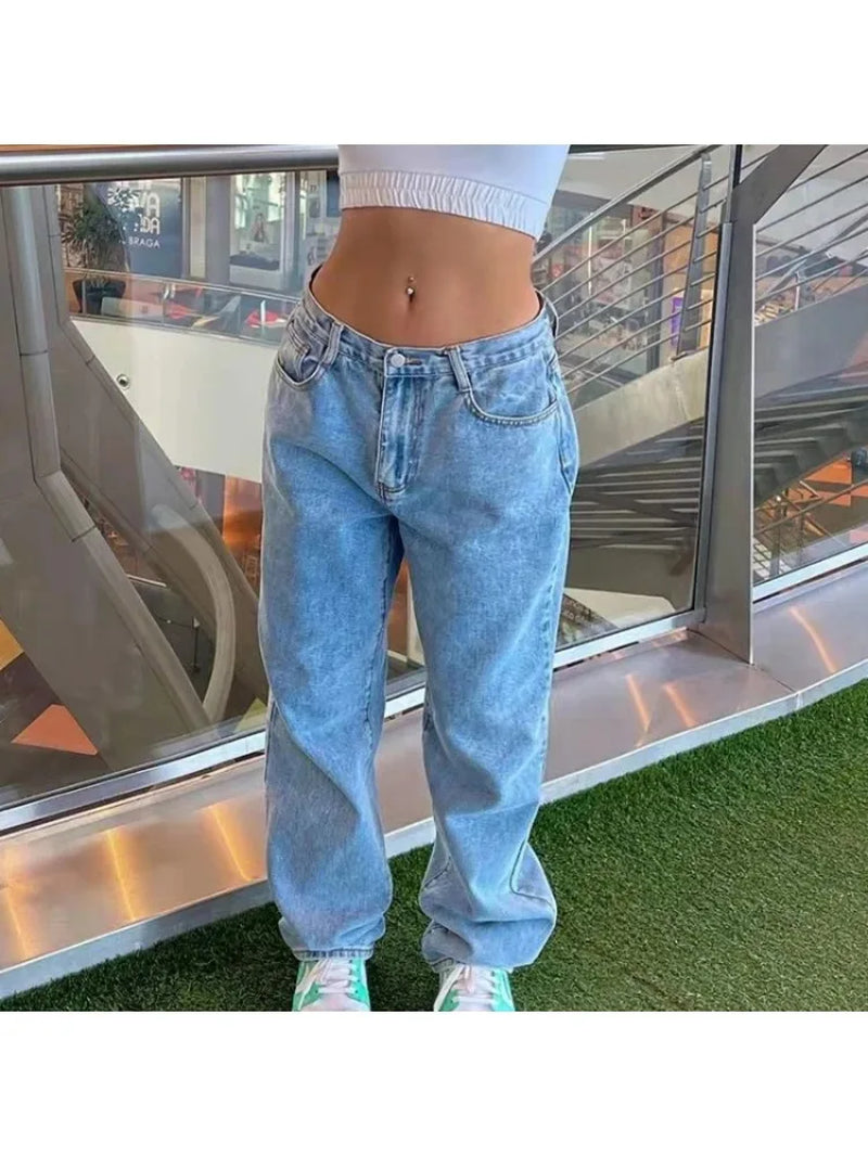 Demin Pants for Women Loose Casual Denim Wide Leg Pants Womens Straight Leg Pant Y2K Street Retro Wash Solid Color 2021 Womens