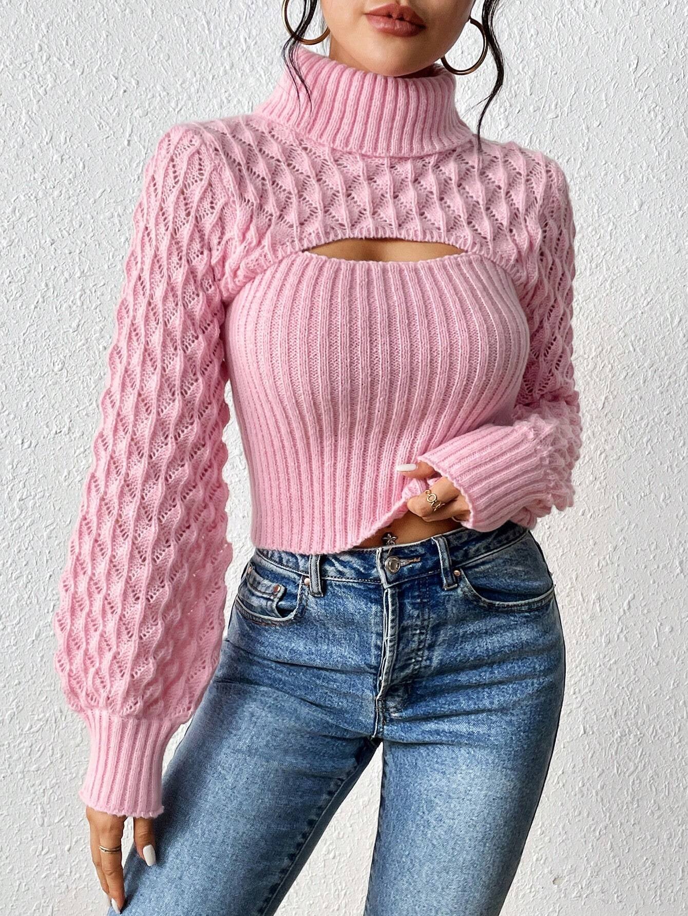 Chiquease Solid Turtleneck Cut Out Front Cable Knit Sweater,Long Sleeve Tops