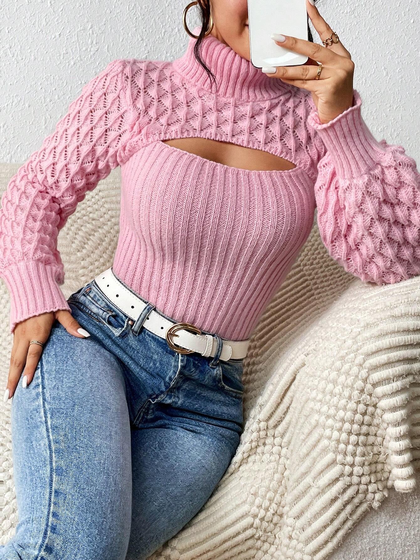 Chiquease Solid Turtleneck Cut Out Front Cable Knit Sweater,Long Sleeve Tops