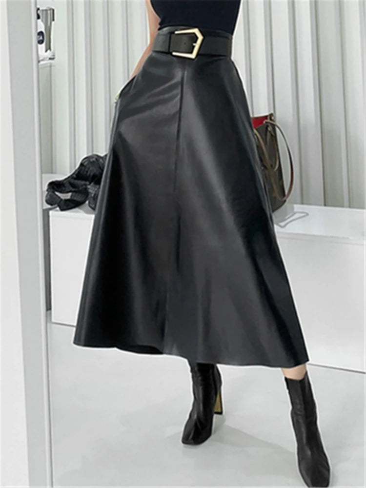 Leather Long Skirts with Belted New High Waist