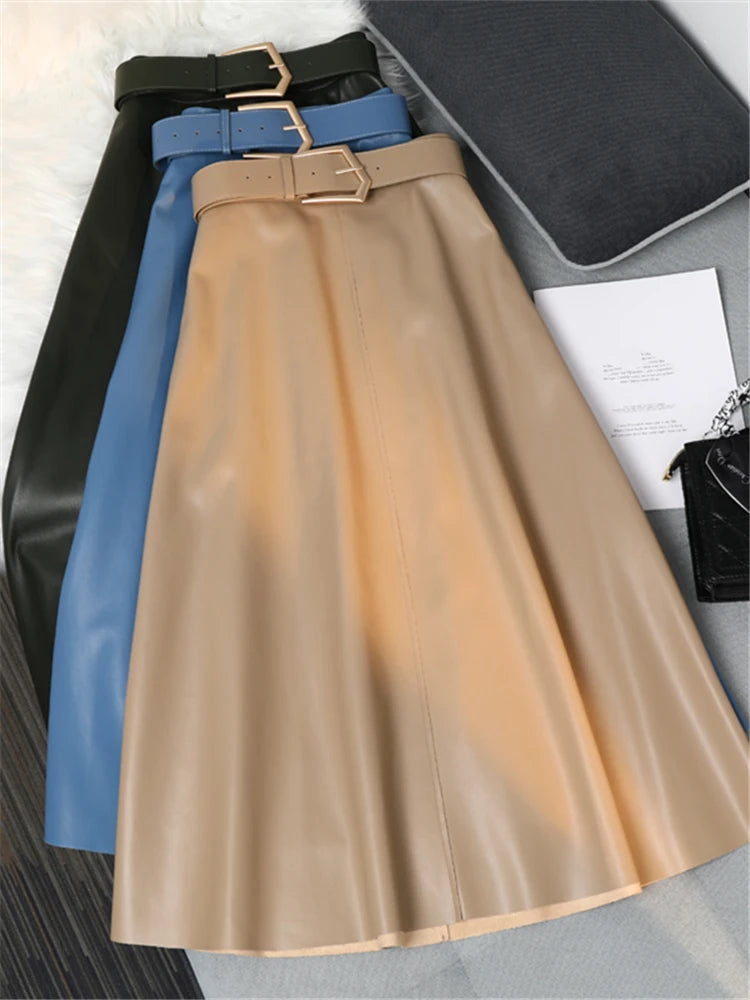 Leather Long Skirts with Belted New High Waist