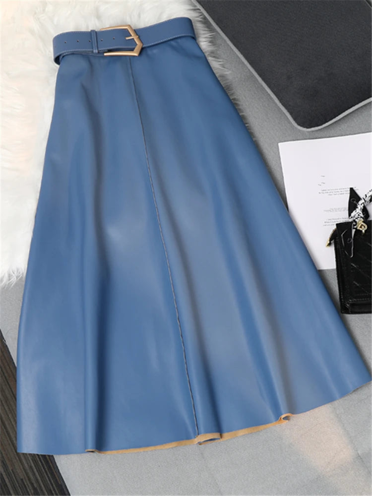 Leather Long Skirts with Belted New High Waist