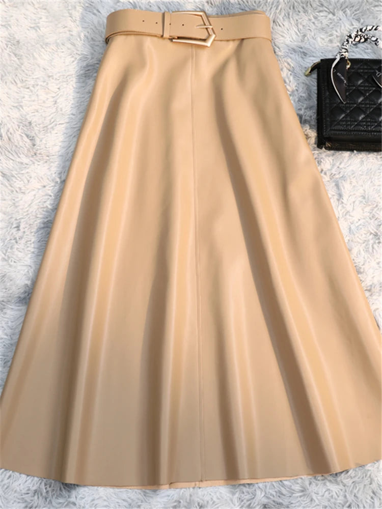 Leather Long Skirts with Belted New High Waist