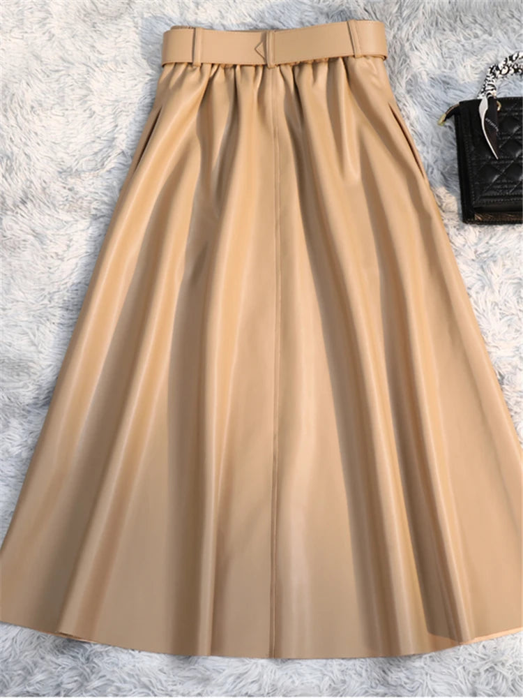 Leather Long Skirts with Belted New High Waist