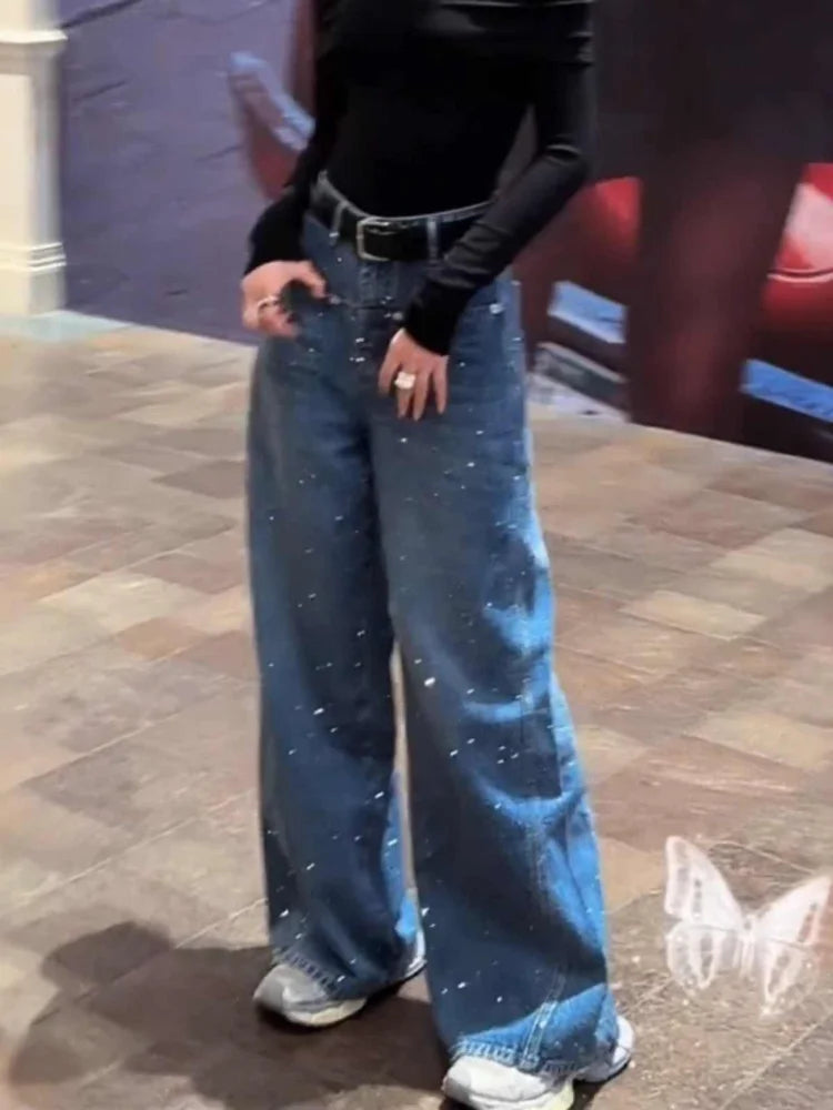 Hot Diamond Shiny women Wide-leg Jeans