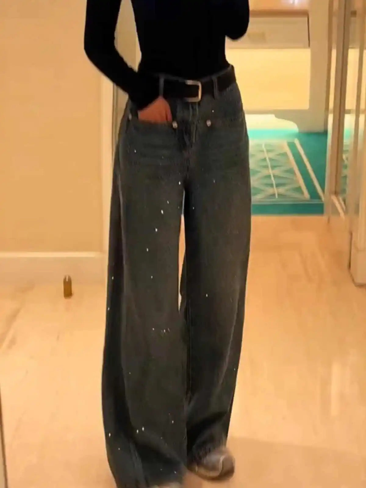 Hot Diamond Shiny women Wide-leg Jeans