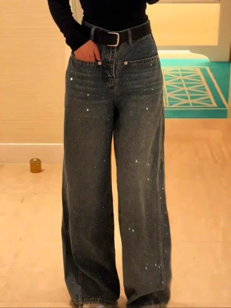 Hot Diamond Shiny women Wide-leg Jeans