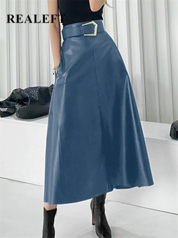 Leather Long Skirts with Belted New High Waist