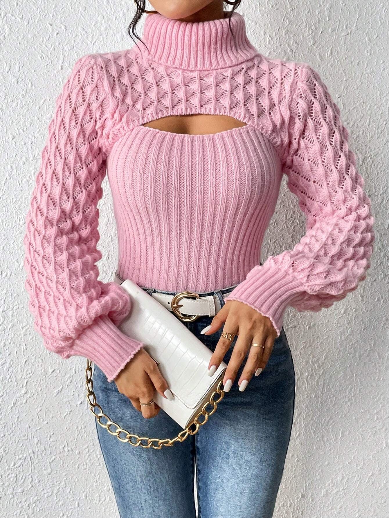 Chiquease Solid Turtleneck Cut Out Front Cable Knit Sweater,Long Sleeve Tops