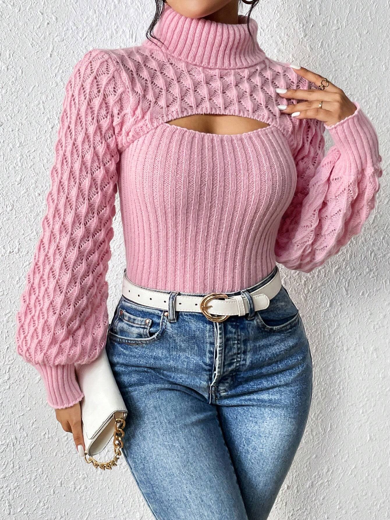 Chiquease Solid Turtleneck Cut Out Front Cable Knit Sweater,Long Sleeve Tops